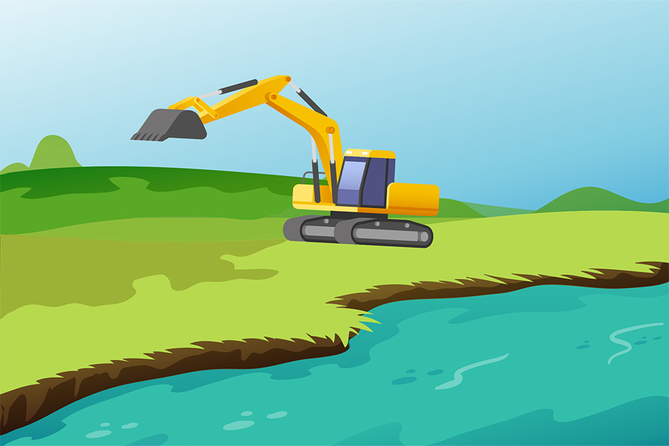 Illustration visar grävmaskin på gräsyta med närhet till vatten.