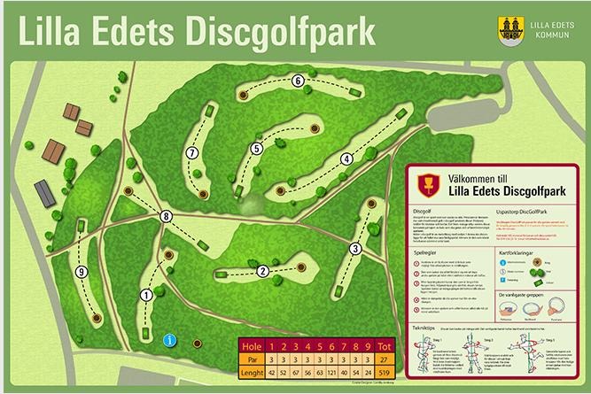 Bild på informationstavla som visar en karta över discgolfbanan i Lille Edets kommun