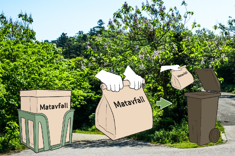 Bild visar hur matavfallspåse försluts och läggs i avfallskärl.