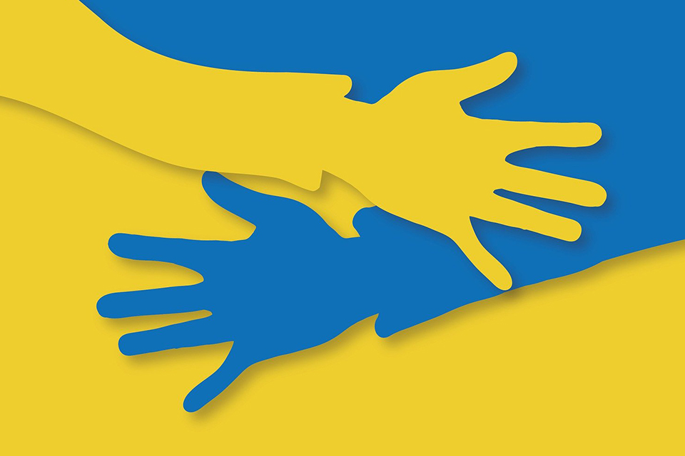 Illustration som visar en gul och en blå hand.